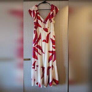 Nine West Red & Magenta Tropical Print Maxi Dress – Size M (NWOT)